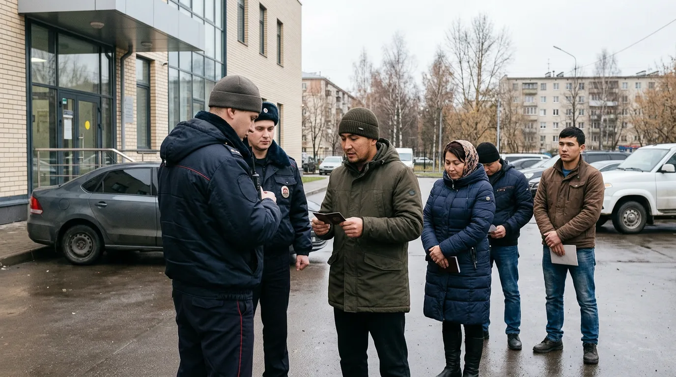 Сотрудники полиции во время миграционного рейда в Московской области